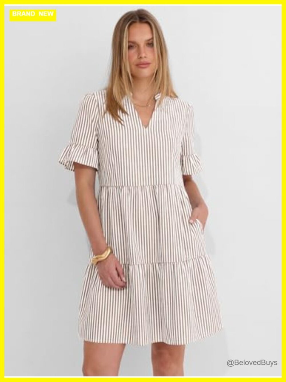 Striped V Neck Ruffle Sleeve A Line Tiered Flowy Mini Dress with Pockets - Picture 3 of 7